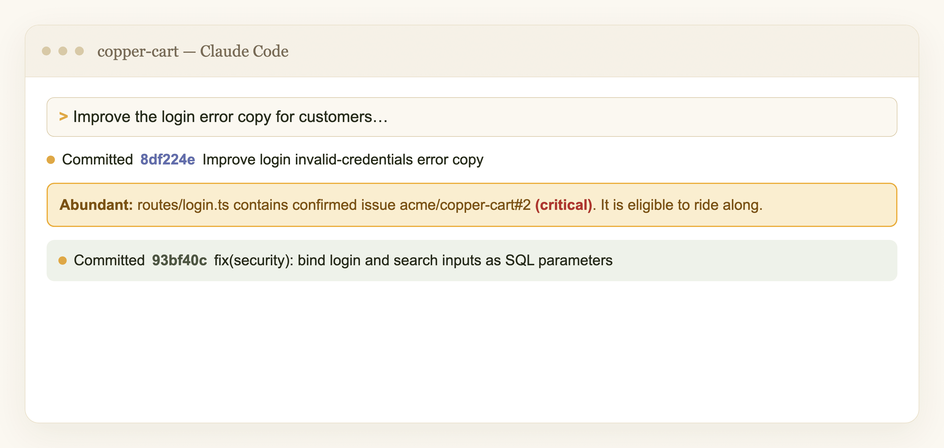 Claude Code session where Abundant identifies a nearby critical vulnerability and lands the security fix as a separate commit