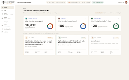 Abundant Security Platform dashboard: external attack surface, findings, and remediations overview.