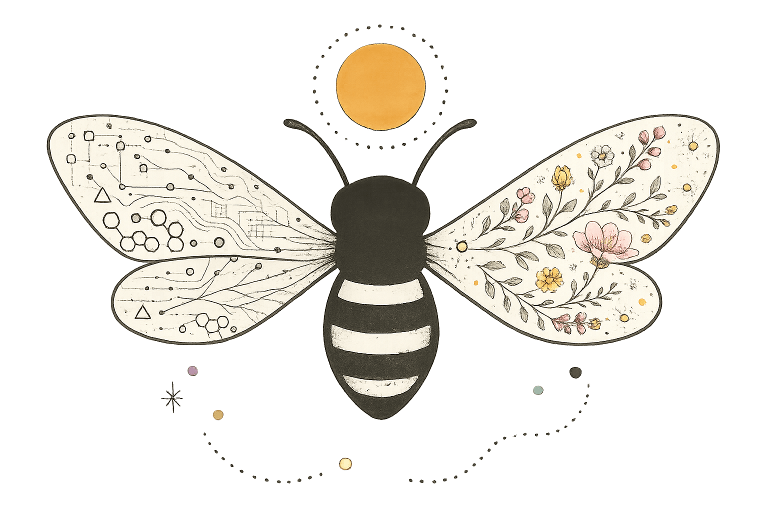 Abundant bee, half circuitry and half wildflowers