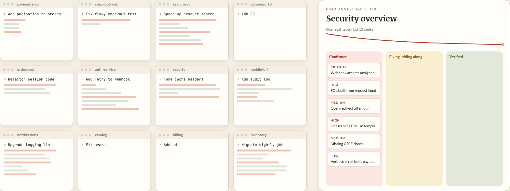 An animated, anonymized organization view showing fixes riding along with developer work while the security backlog burns down.